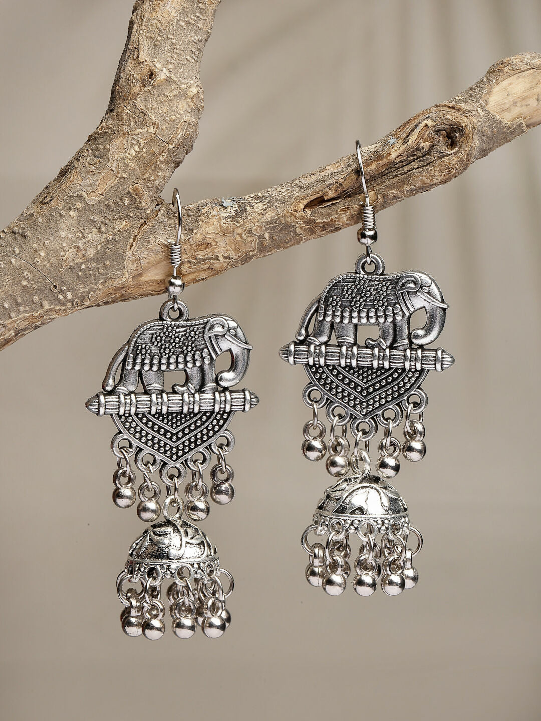 NVR Women's Silver-Toned Elephant Design German Silver Oxidised Dome Shaped Jhumka Earrings | Grocsy