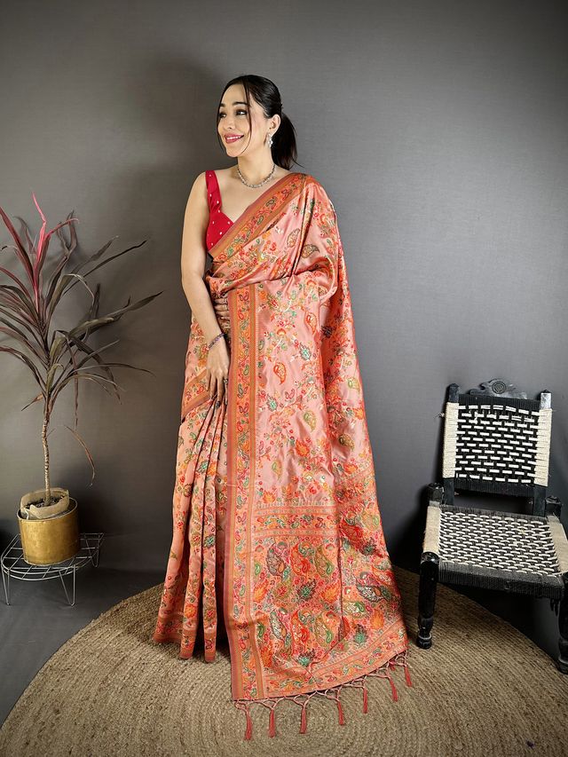 Elora Coral Pashmina Silk Floral Paisley Patterns Madhubani Design Kashmiri Saree | Grocsy