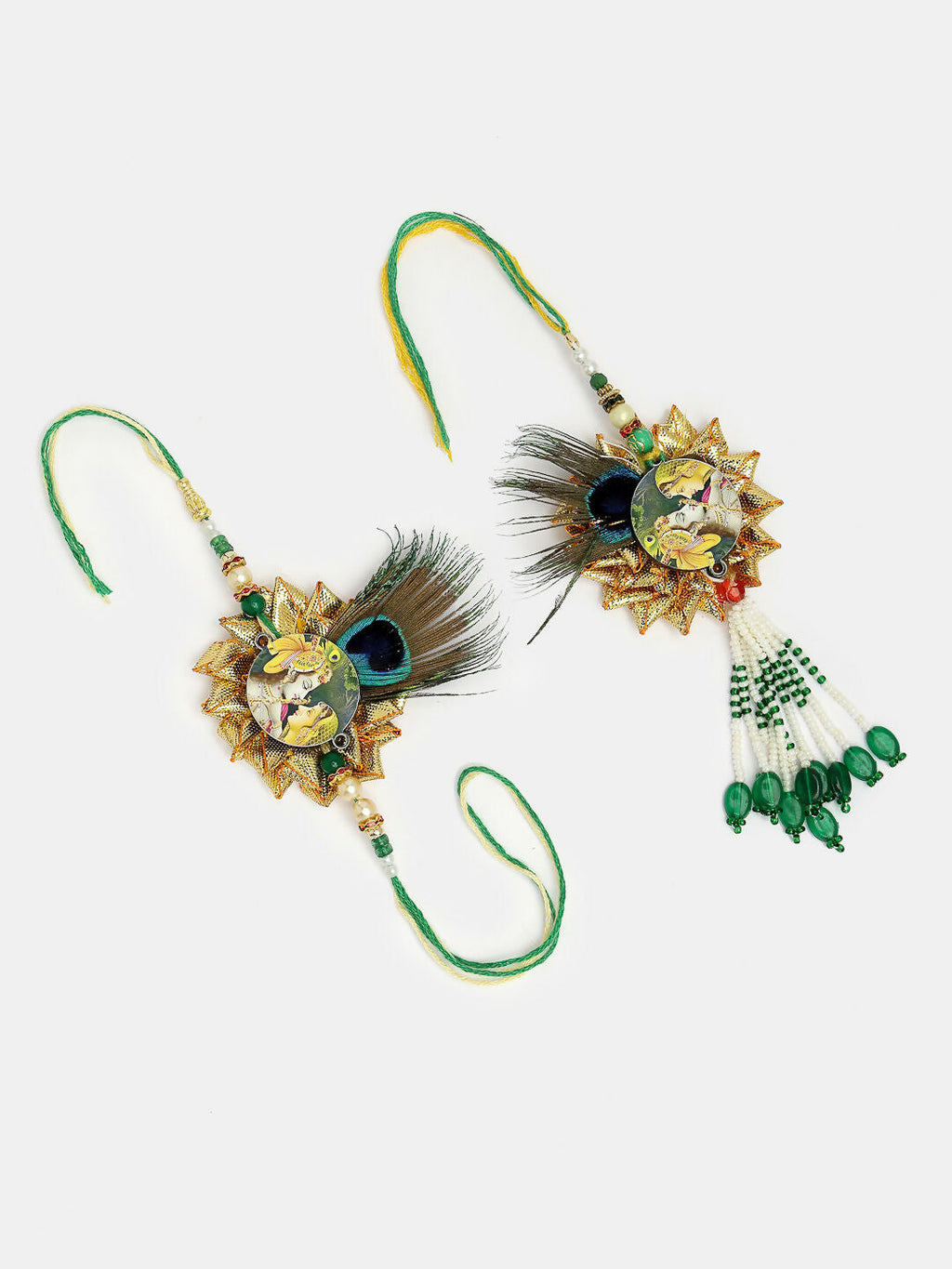 NVR Women & Men Set of 2 Green Radha Krishna Beaded Bhaiya Bhabhi Rakhi With Roli Chawal | Grocsy