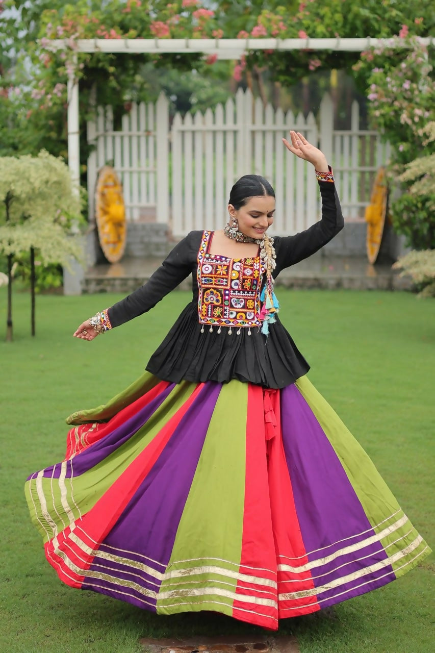 Teeya Creation Multi Colour Reyon Silk Gamathi Work Navratri lehenga Choli | Grocsy