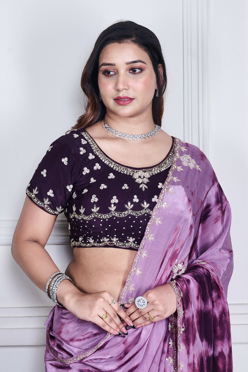 Morchari Wine Crepe Hand Embroidery Saree And Stitched Blouse | Grocsy