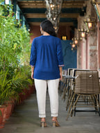 Juniper Women's Blue Solid Cotton Short Tunic With Thread & Mirror Work | Grocsy