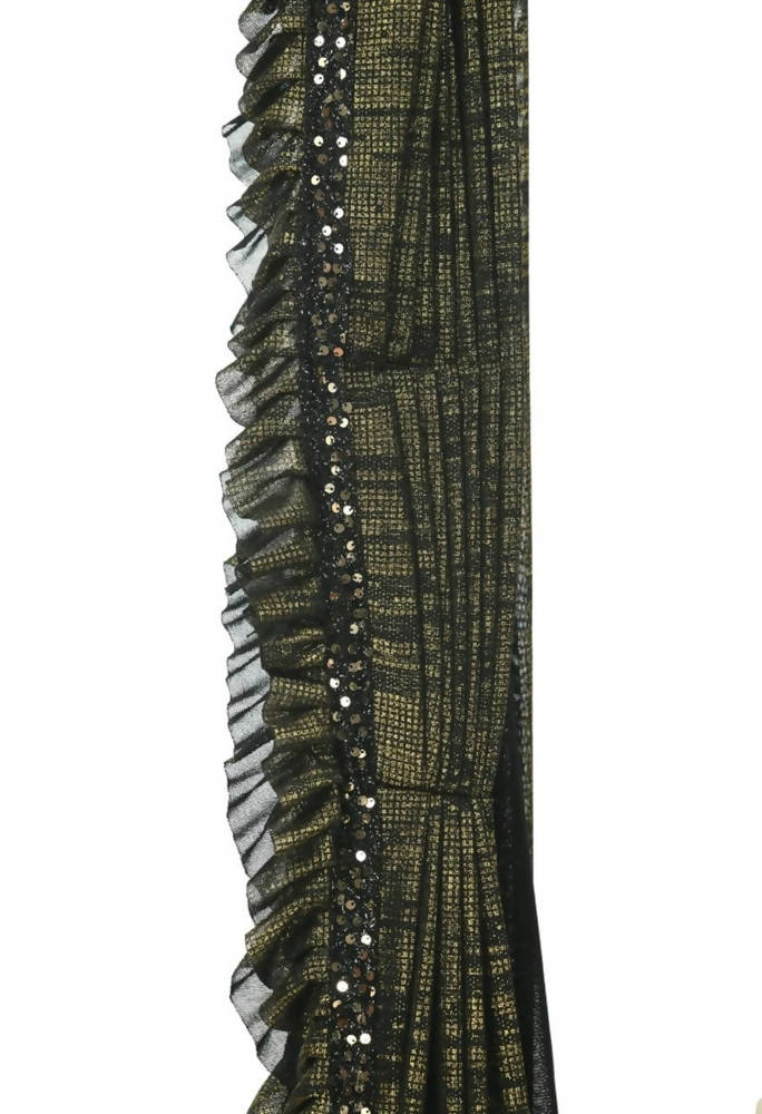 Mominos Fashion All Season Wear Olive Green And Black Ruffled Ready To Wear Saree | Grocsy