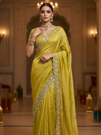 Joban Fashion Yellow Fandy Satin Silk Party Wear Sarees | Grocsy