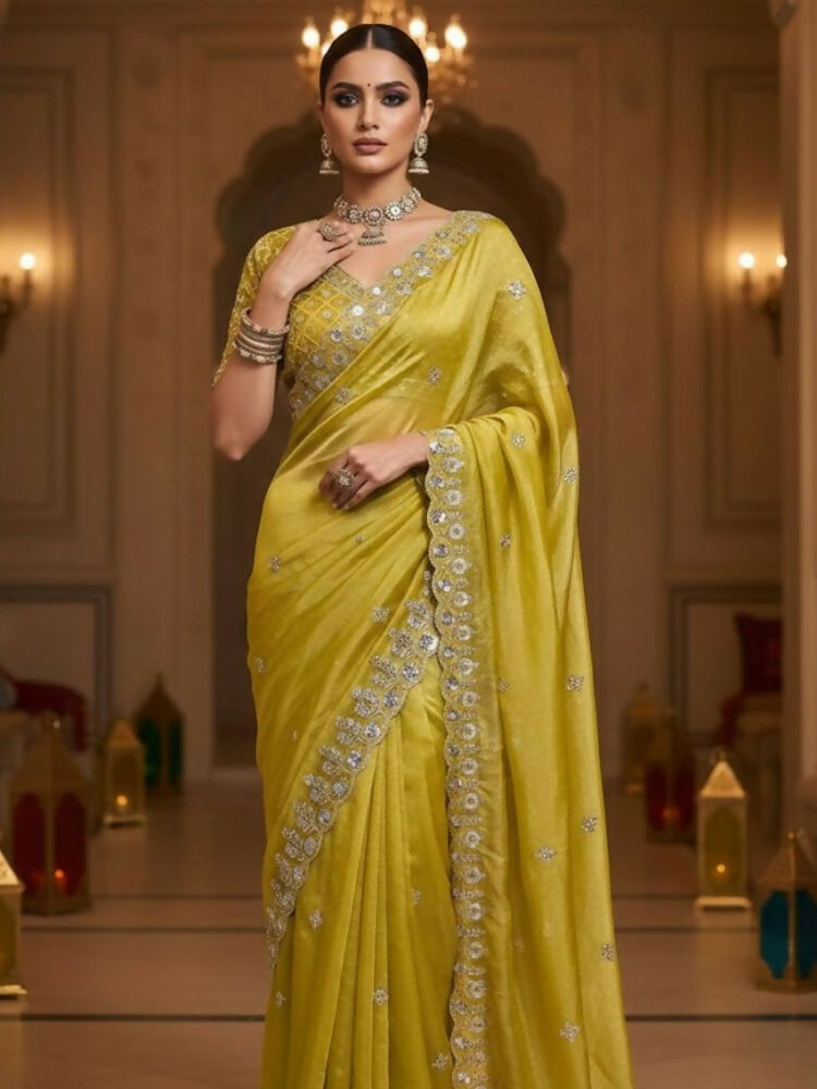 Joban Fashion Yellow Fandy Satin Silk Party Wear Sarees | Grocsy