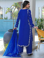 Nikhaar Royal Blue Embroidered Modal Silk Stitched Straight Cut Kurta Culottes Dupatta Readymade Suit | Grocsy