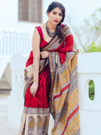 Zibaa Hand-Blocked Pure Maheshwari Silk Red Saree | Grocsy