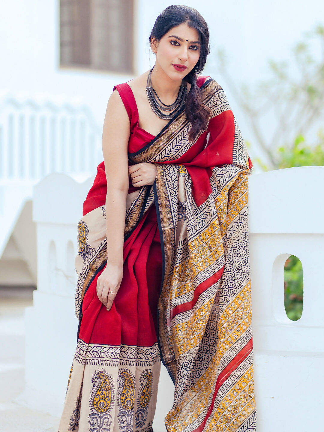 Zibaa Hand-Blocked Pure Maheshwari Silk Red Saree | Grocsy