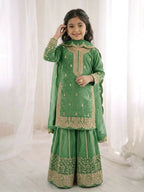 Teeya Creation New Trendy Fully Stitched Ready to Wear Kids Kurta Palazzo Set-Green | Grocsy
