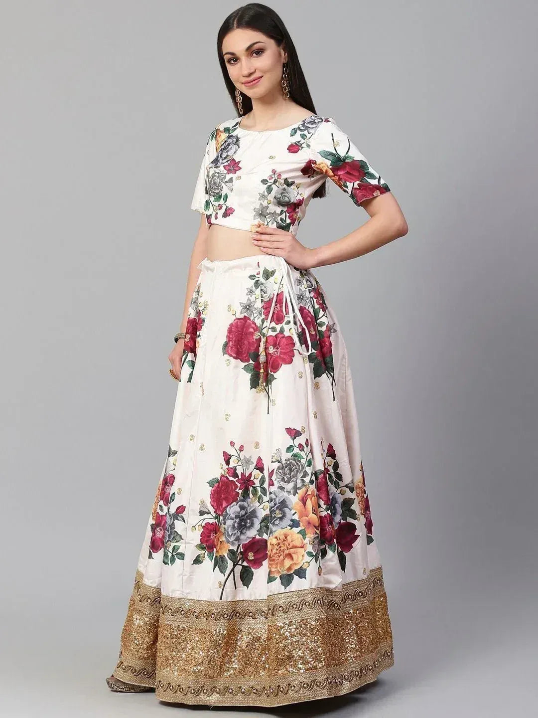 Tulsi Art Off-White & Red Printed Semi-Stitched Myntra Lehenga & Unstitched Blouse With Dupatta | Grocsy