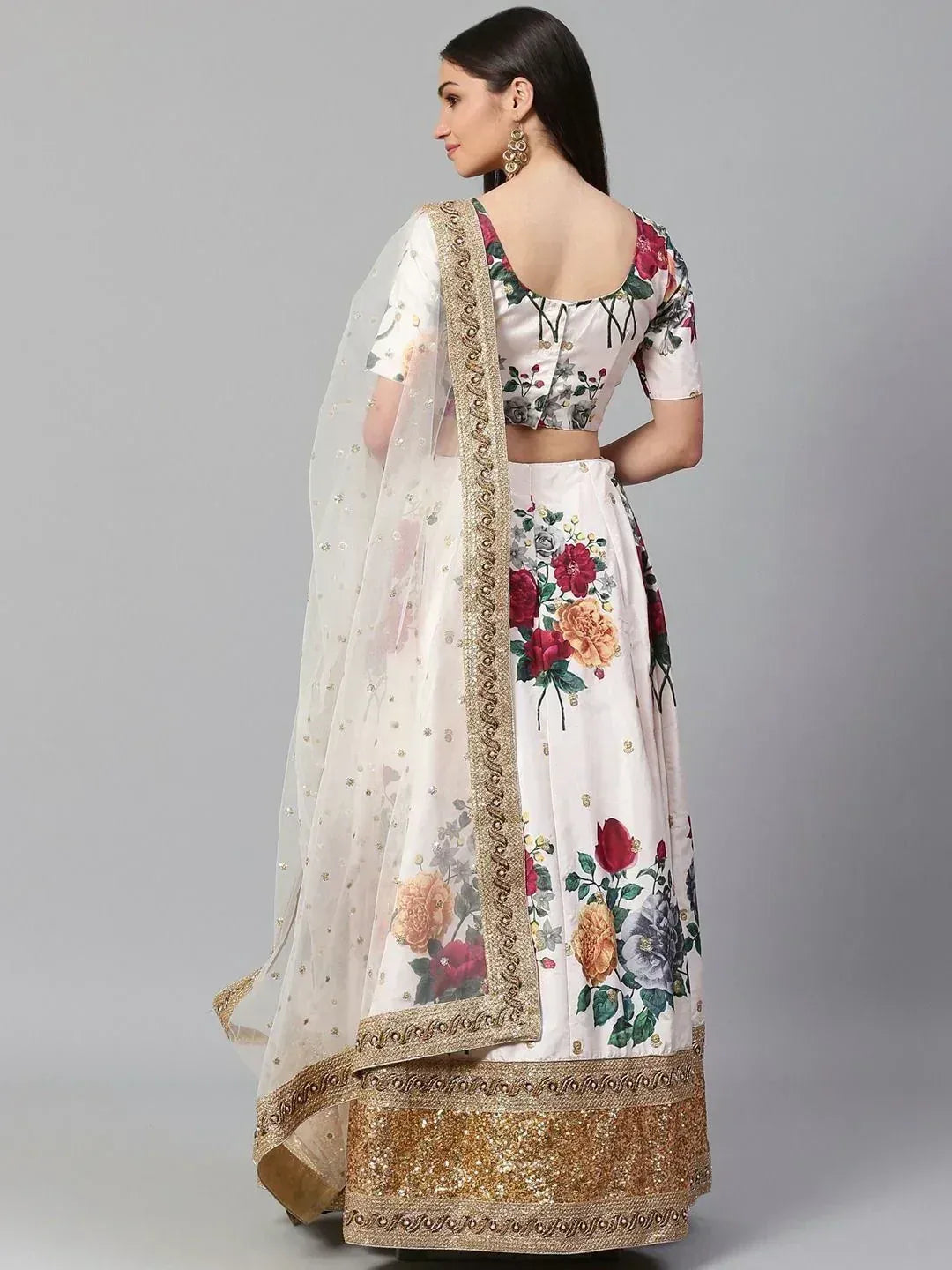 Tulsi Art Off-White & Red Printed Semi-Stitched Myntra Lehenga & Unstitched Blouse With Dupatta | Grocsy
