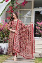 Jaimini Women Cotton Printed V-Neck 3/4 Sleeves Calf Length Flared Kurta Pant And Dupatta Set | Grocsy