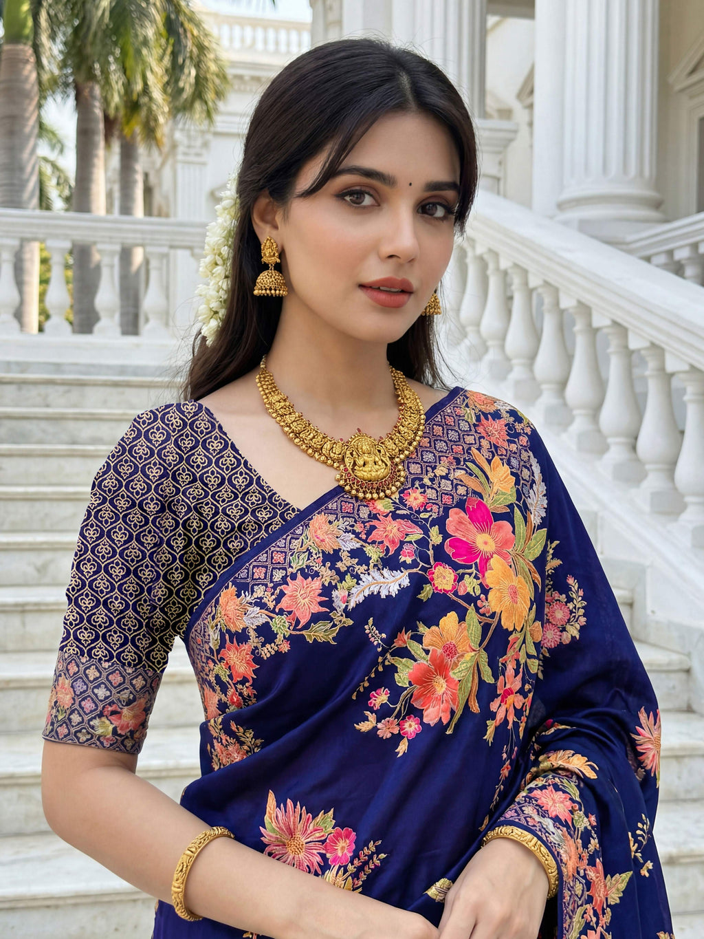 Aastha Fashion Royal Blue Premium Russian Silk Designer Floral Position Print Saree | Grocsy