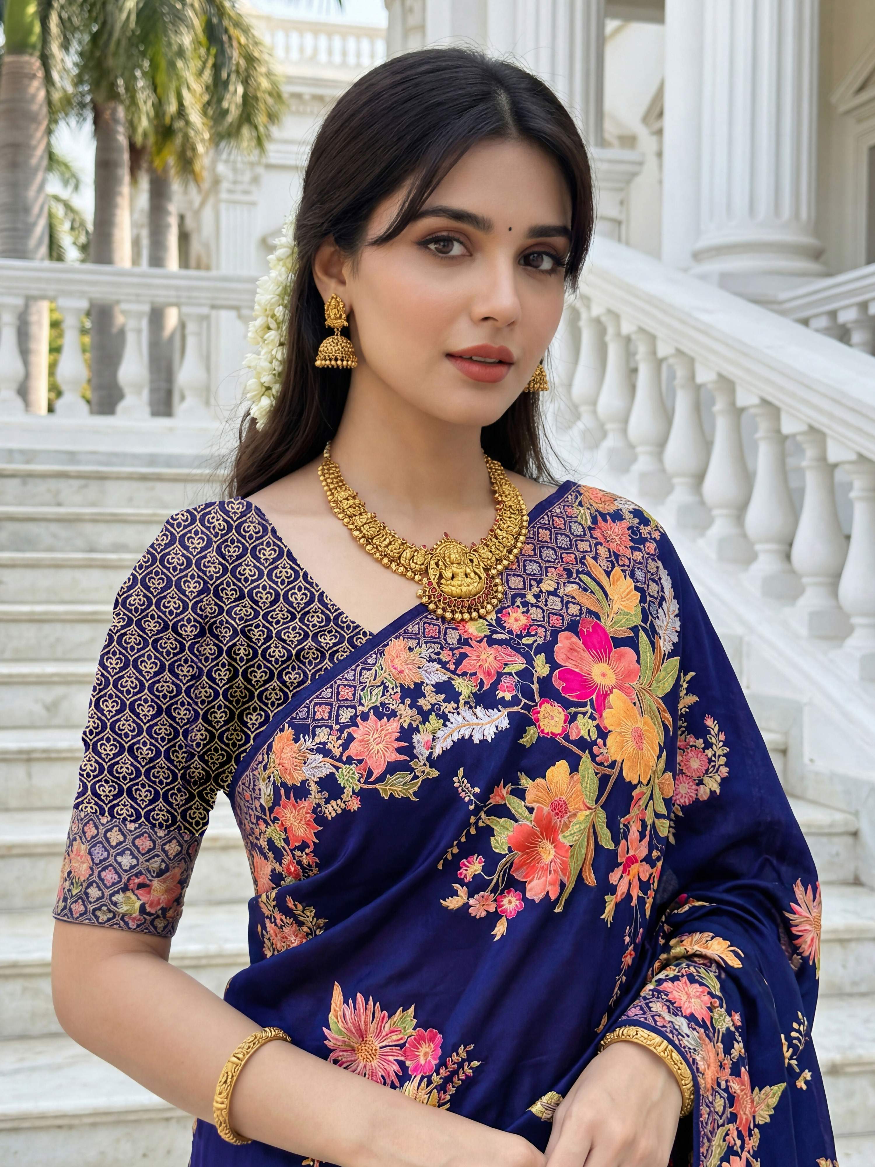 Aastha Fashion Royal Blue Premium Russian Silk Designer Floral Position Print Saree | Grocsy