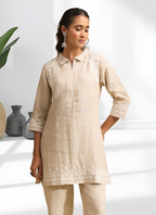 Joban Fashion Beige Linen Embroidered Readymade Cord Set | Grocsy