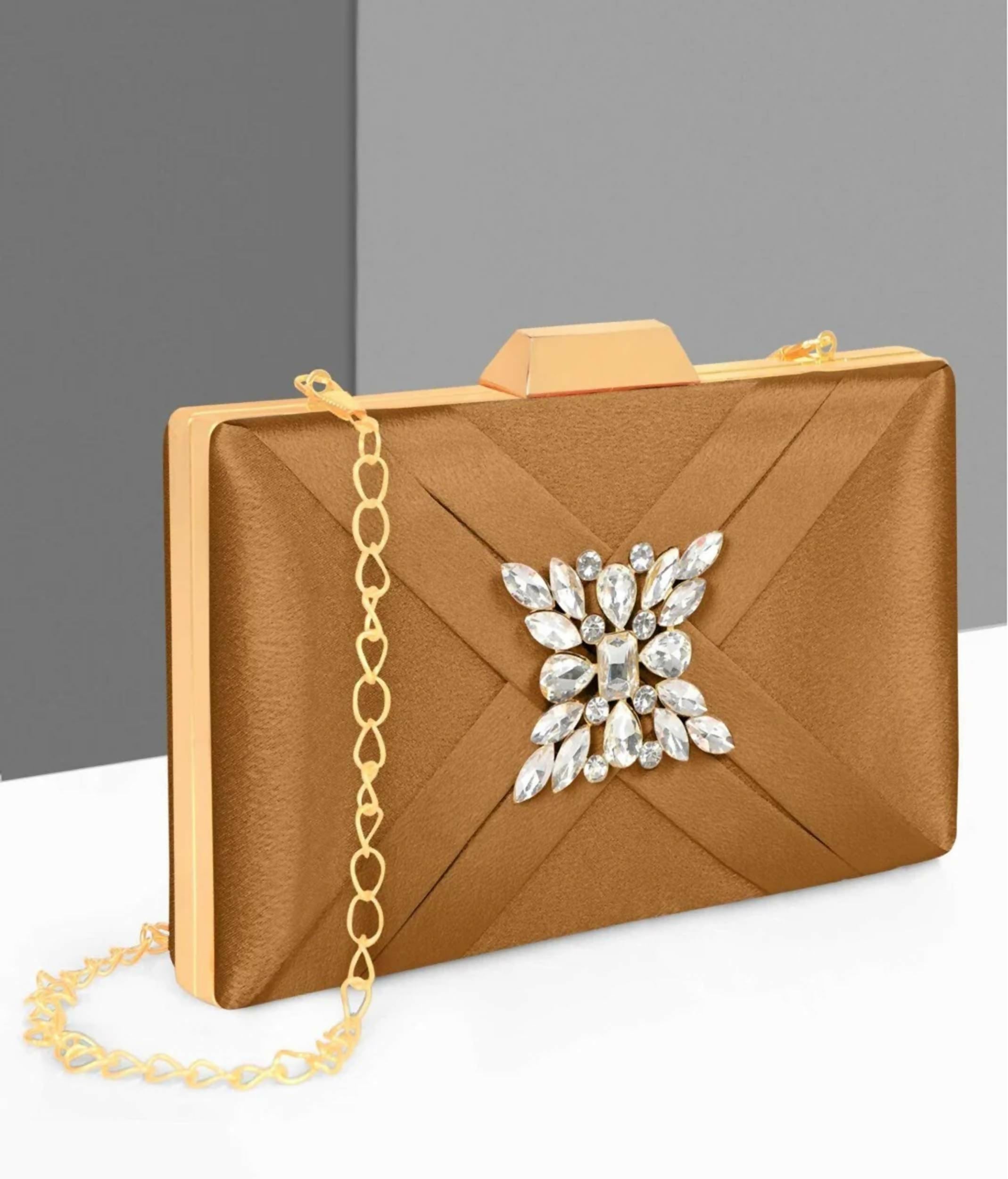 Joban Fashion Luxurious Satin Evening Clutch With Detachable Chain Strap - Brown | Grocsy