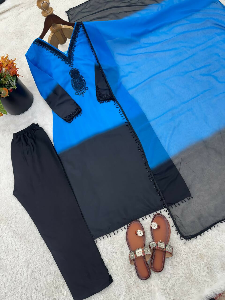 Teeya Creation Women's Trendy Stylish French Crepe Silk Blue Kurta Set | Grocsy