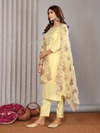 Joban Fashion Women Pale Yellow Roman Embroidery Stitched Kurta Set | Grocsy