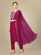 Jyoti Fashion Women's Rani Pink Silk Blend Embroidery & Sequence work Kurta with Trouser & Dupatta | Grocsy