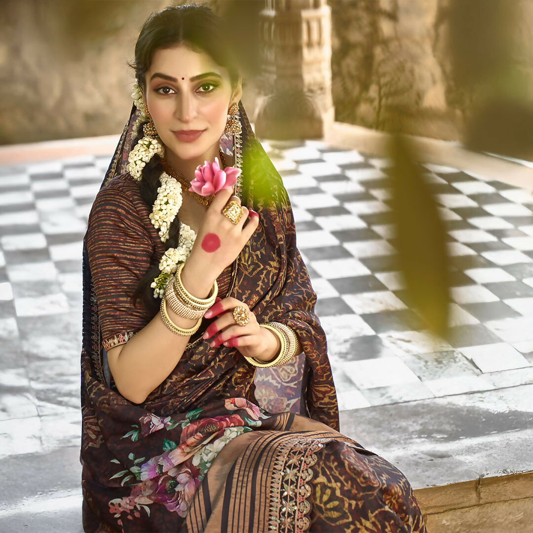 Brown Gajji Silk Gota With Minakari Work Saree With Unstitched Blouse - Norita Gajri | Grocsy