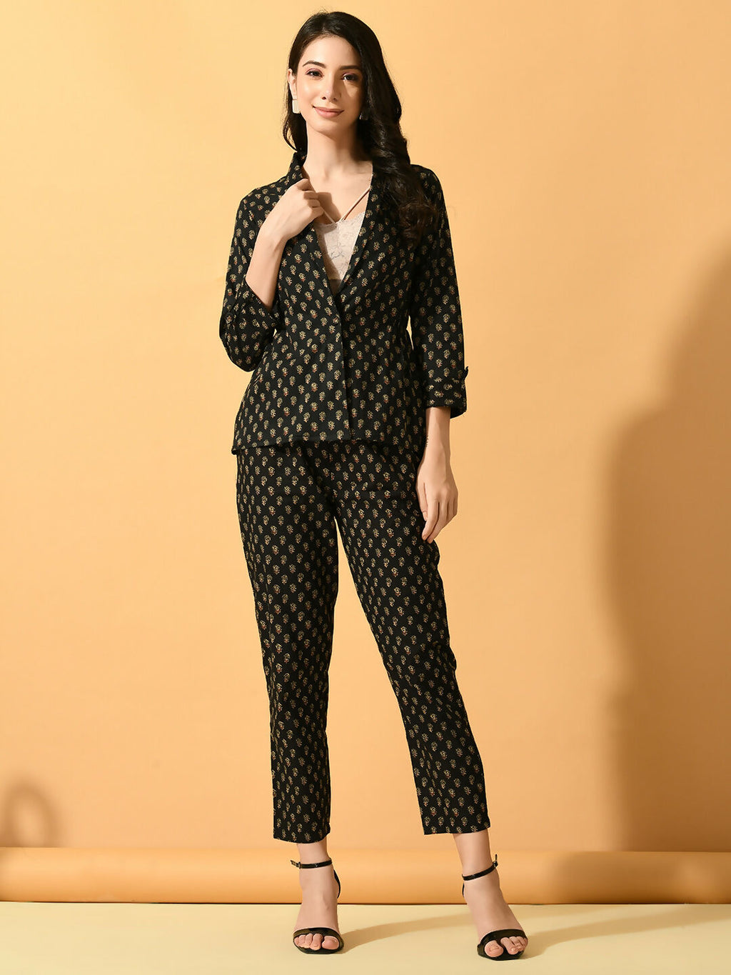 Myshka Women's Black Printed Coat With Trousers | Grocsy