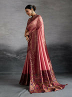 PR Fashion Peach Kanjivaram Soft Silk Kadiyal Pattern Double Zari Woven Patta, Meenakari Woven Pallu Saree | Grocsy