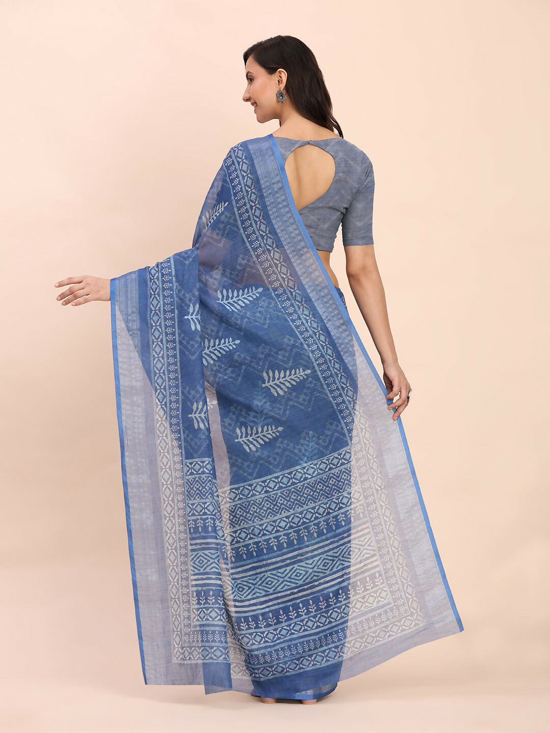 Shree Shyam Fashion Linen Cotton Indigo Blue Saree | Grocsy