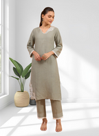 Joban Fashion Gray Linen Embroidered Readymade Long Kurta With Pant | Grocsy
