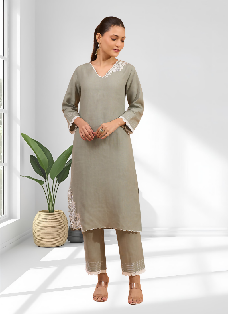 Joban Fashion Gray Linen Embroidered Readymade Long Kurta With Pant | Grocsy