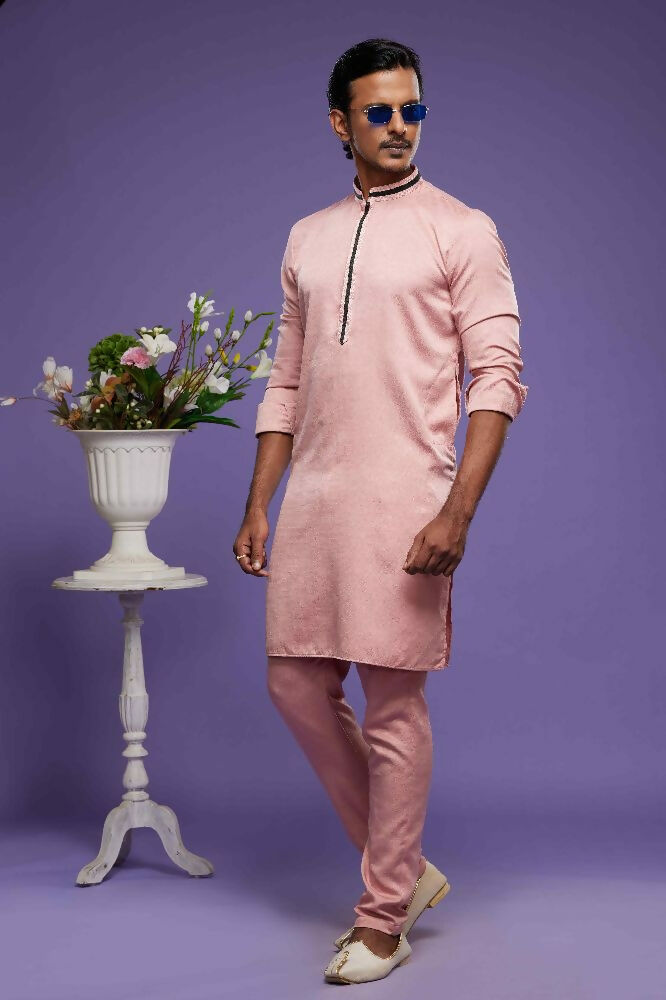 Raivat Ethnic Art Banarasi Silk Thread Work Kurta Pajama In Rust Pink Colour | Grocsy