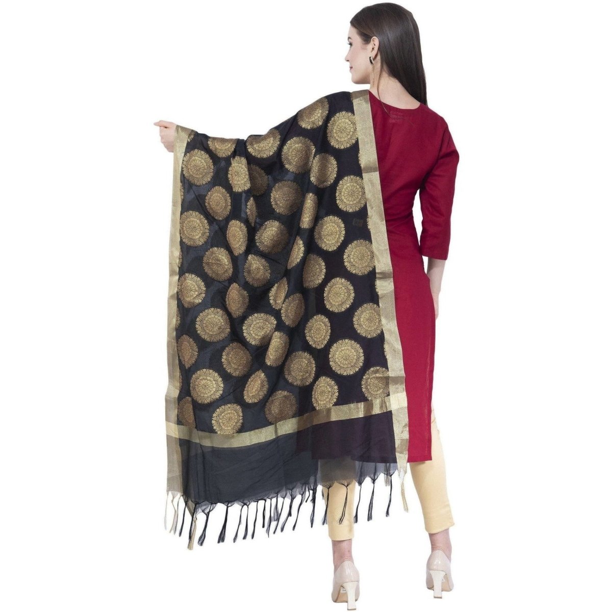 A R Silk Women's Zari Embroidery Vanarsi Silk Black Dupattas and Chunnis | Grocsy