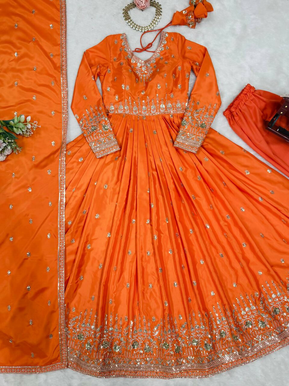 The52 Women's Beautiful American Silk Fabric Embroidery Work Flared Anarkali Pant and Dupatta Set | Grocsy