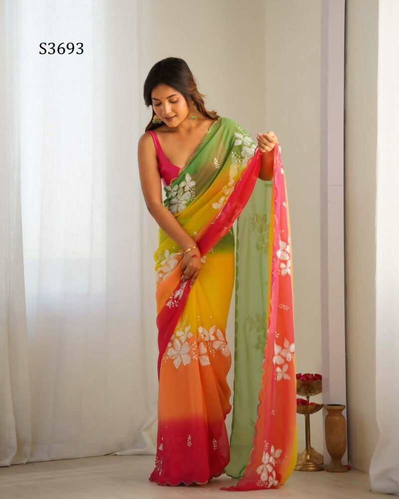 Yellow Georgette Pedding Color, Embroidery Work Party Wear Saree - Erisha | Grocsy