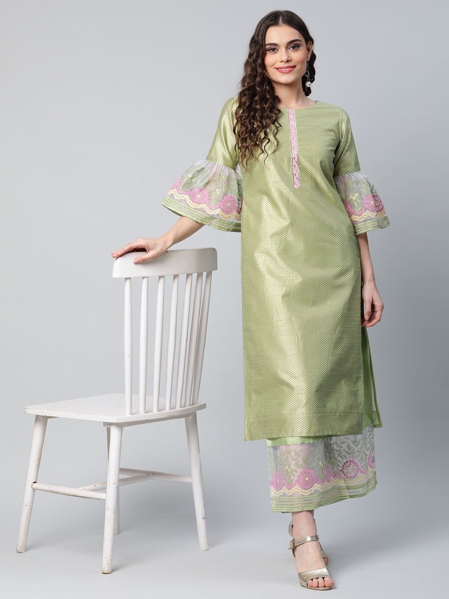 Ahalyaa Women's Light Green Poly Silk Gold Printed Kurta Palazzo Set | Grocsy