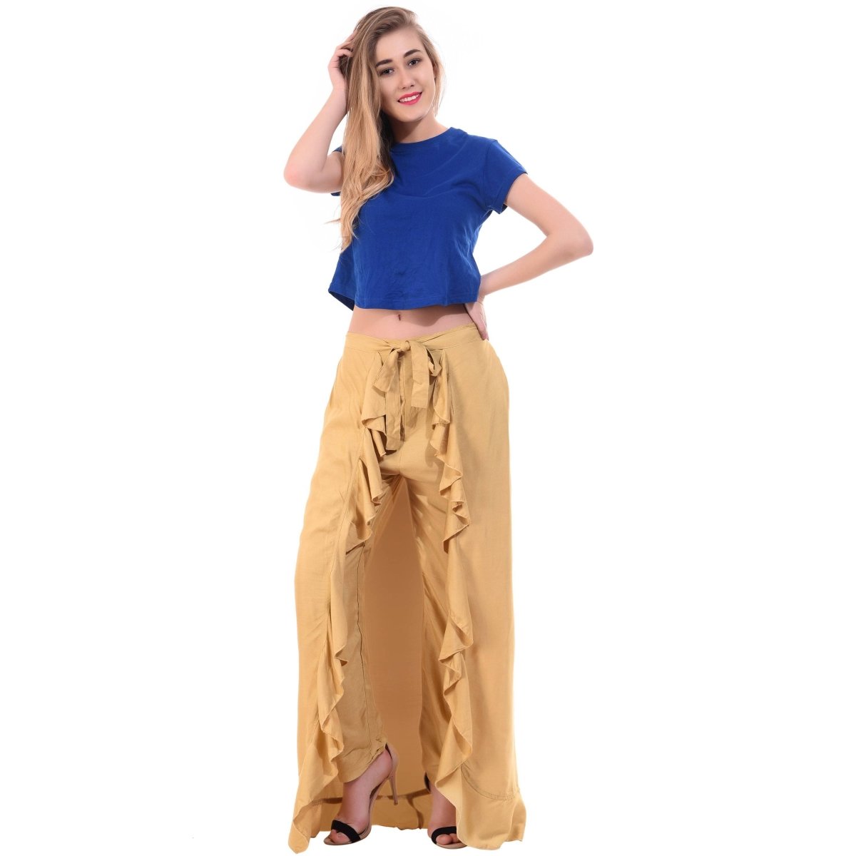 Asmaani Beige Color Plain Ruffle Palazzo | Grocsy