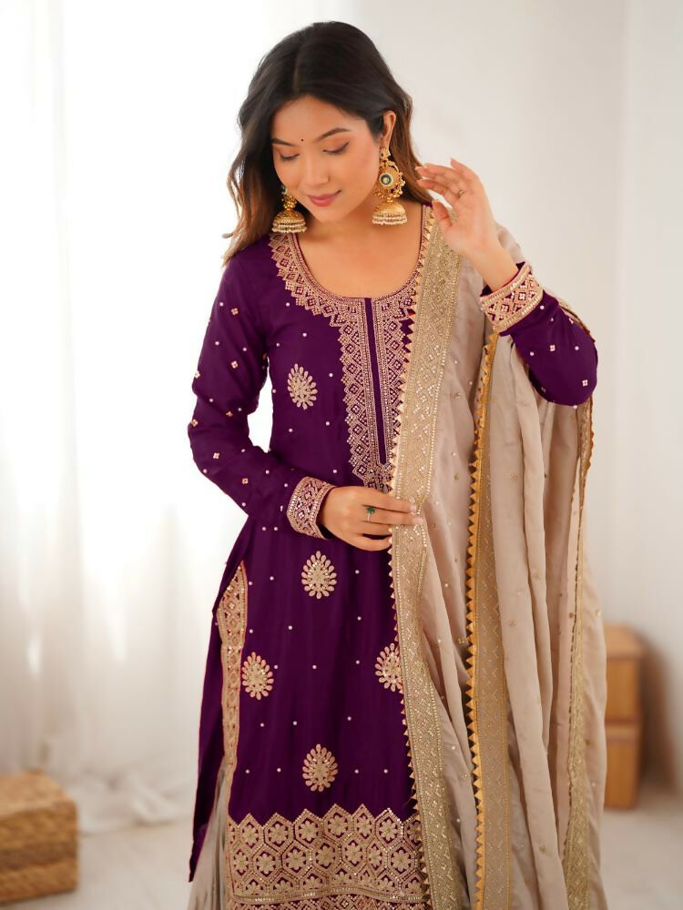 Lehenga Mart Designer Sharara Suit With Kurta, Sharara, Dupatta For Women-Wine | Grocsy