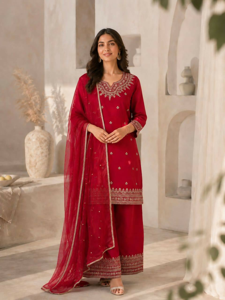 Teeya Creation Festive Red Silk Party Wear Kurti Pant Set With Elegant Zari Work | Grocsy