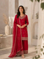 Teeya Creation Festive Red Silk Party Wear Kurti Pant Set With Elegant Zari Work | Grocsy