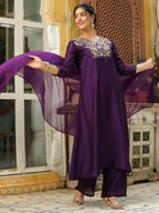 Janasya Purple Silk Blend Yoke Embroidery Kurta,Bottom & Dupatta | Grocsy