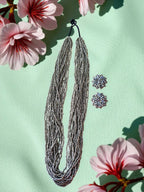 Inhanns Rangsaaz 20-Layer Luxe Long Beaded Necklace (With Optional Statement Earrings) - Silver With Earring | Grocsy