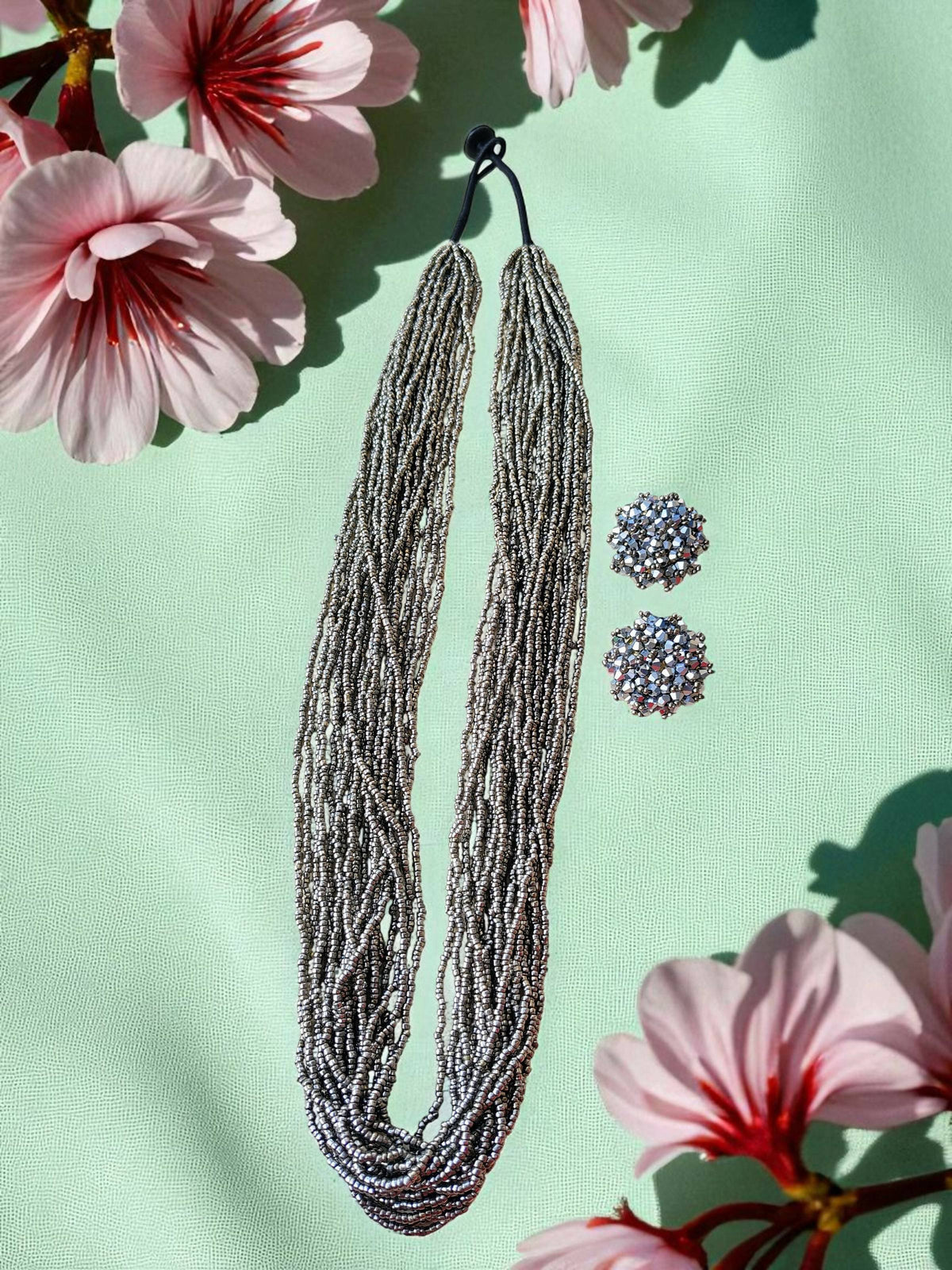 Inhanns Rangsaaz 20-Layer Luxe Long Beaded Necklace (With Optional Statement Earrings) - Silver With Earring | Grocsy