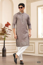 Raivat Ethnic Men's Art Silk Thread Work Kurta Pyjama In Brown Colour | Grocsy