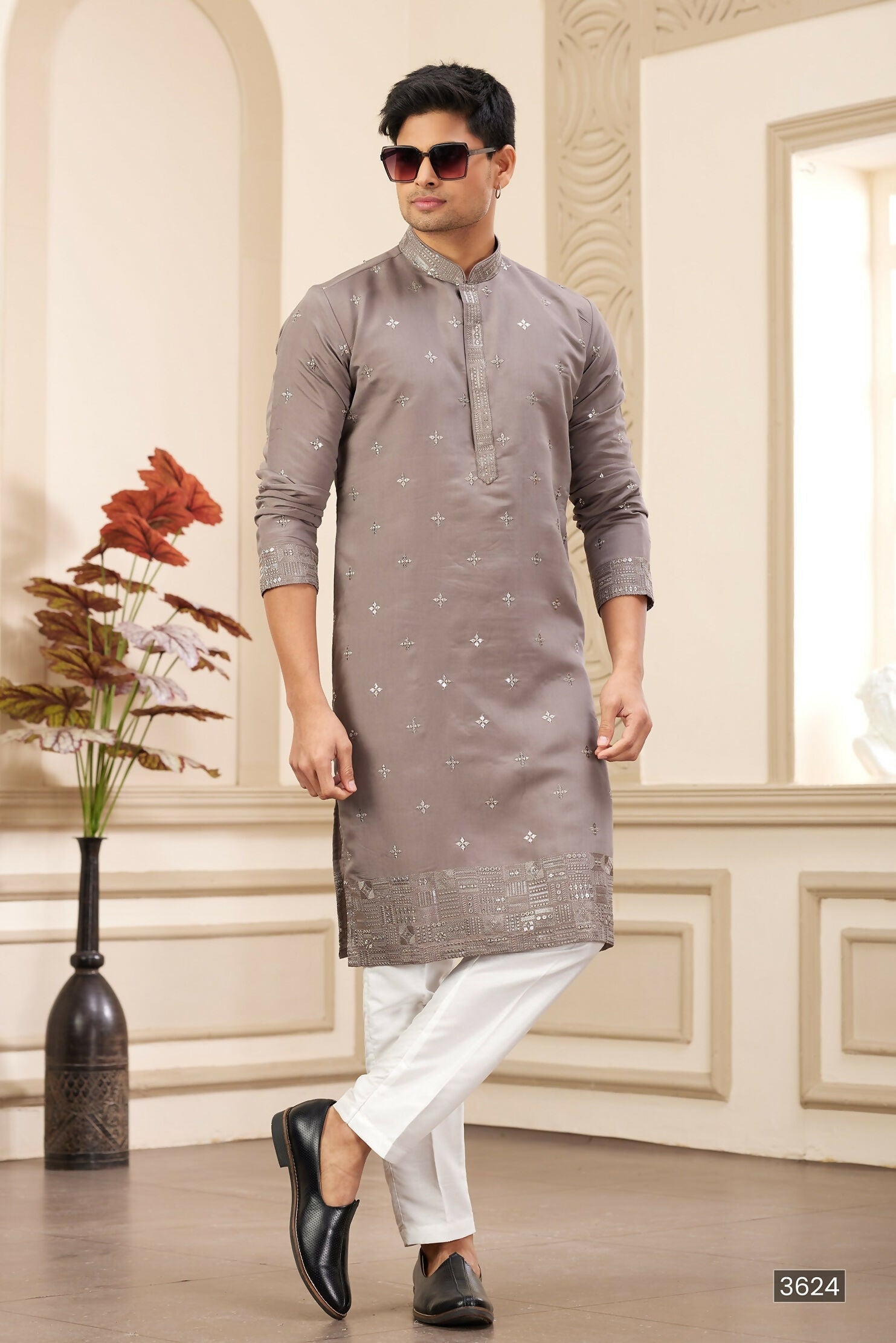 Raivat Ethnic Men's Art Silk Thread Work Kurta Pyjama In Brown Colour | Grocsy