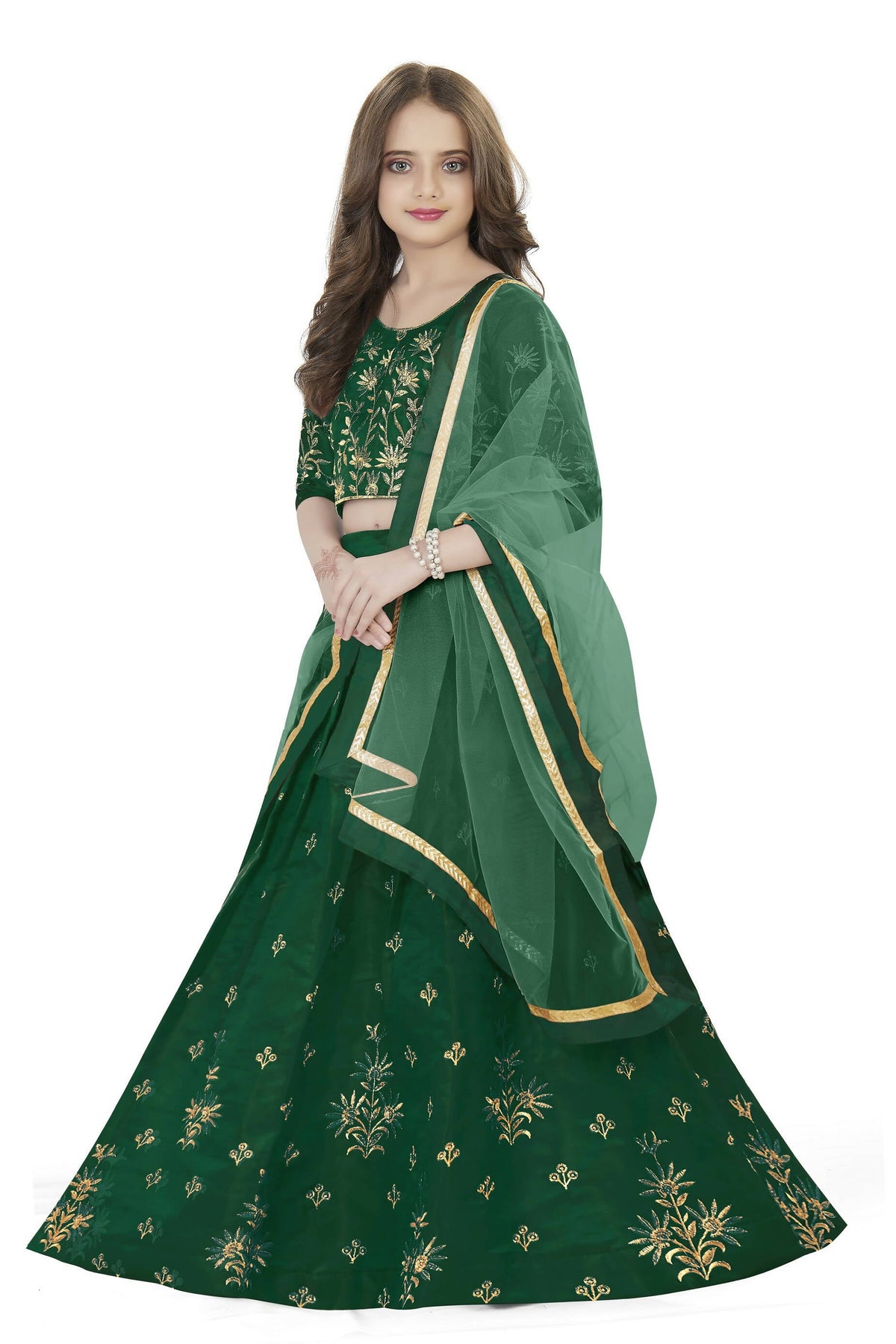 Dwiden Green Rohini Tafetta Sattin Semi-Stitched Girl's Lehenga Choli | Grocsy