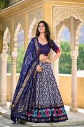Vastranavya Designer Ikkat Print With Foil Work Lehenga Choli - Navy Blue | Grocsy