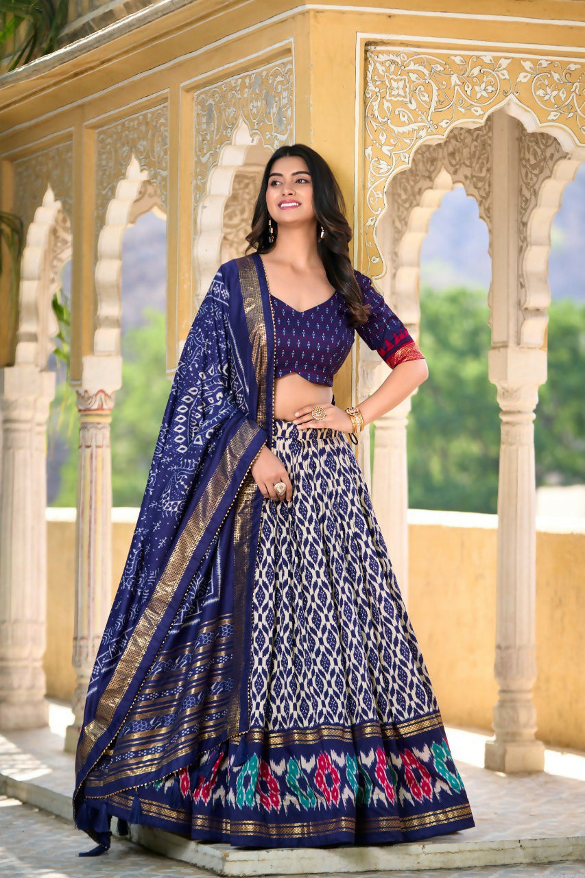 Vastranavya Designer Ikkat Print With Foil Work Lehenga Choli - Navy Blue | Grocsy
