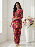 Teeya Creation Women New Latest Red Floral Printed Crepe Kurta with Palazzos Set | Grocsy