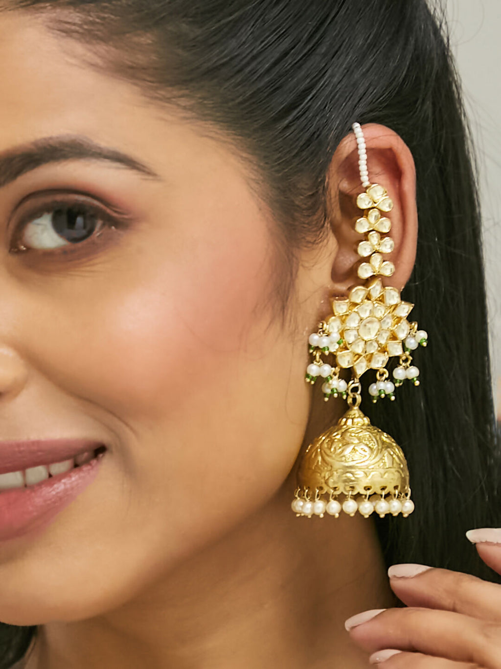Nuyug 22K Gold-Plated Floral Jhumki Kundan Studded Kanauti Earrings | Grocsy
