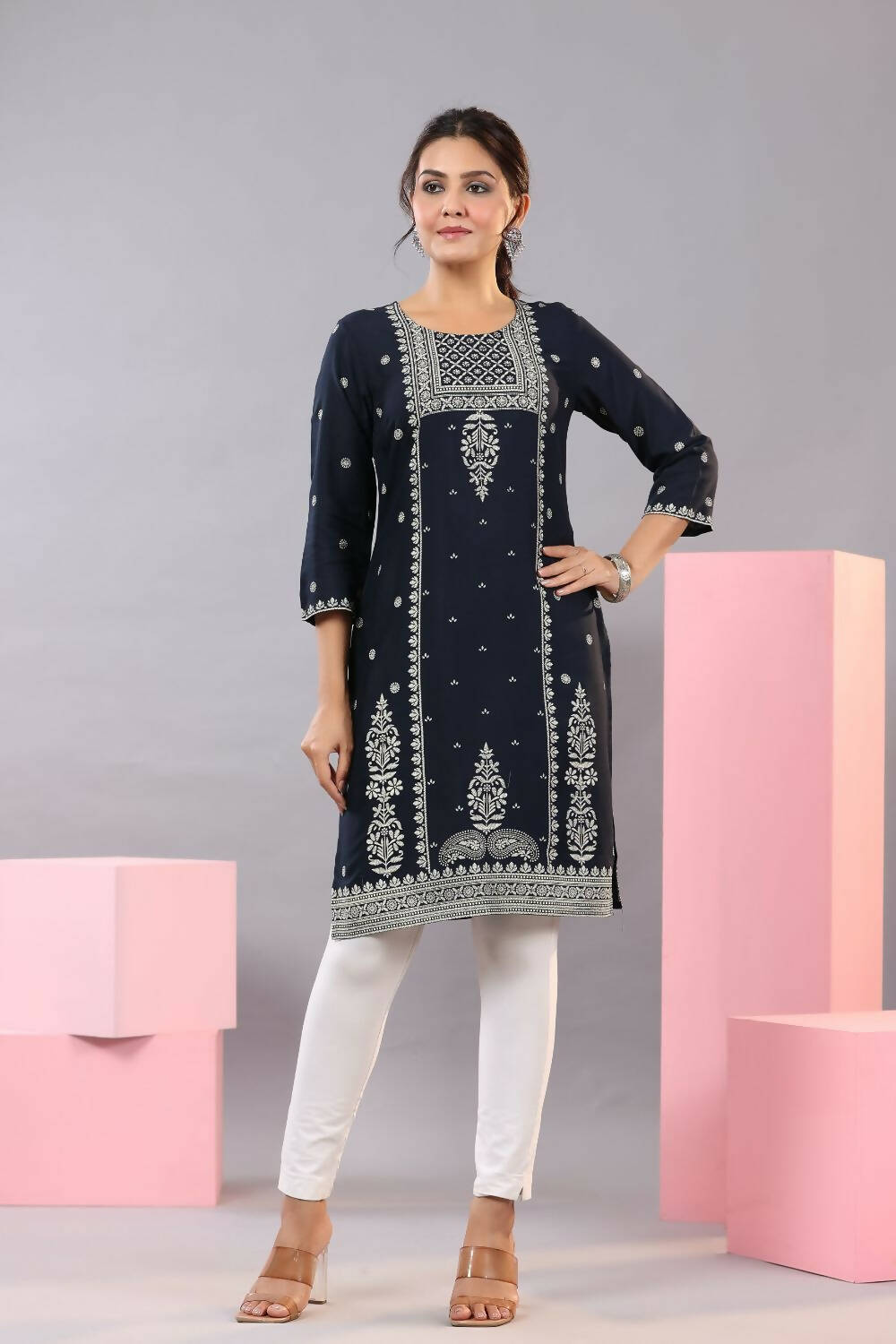 Juniper Women Navy Blue Rayon Printed Knee Length Straight Kurta | Grocsy