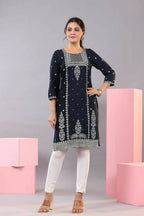 Juniper Women Navy Blue Rayon Printed Knee Length Straight Kurta | Grocsy